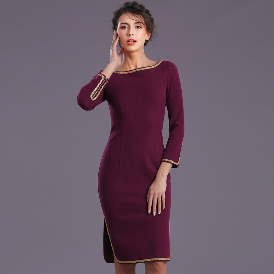 Long Sleeve Boat Neck Knee Length Bodycon Pencil Dress