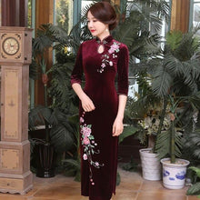 Load image into Gallery viewer, 3/4 Sleeve Floral Embroidery Full Length Velvet Cheongsam Mother Dress
