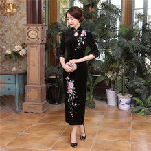 Load image into Gallery viewer, 3/4 Sleeve Floral Embroidery Full Length Velvet Cheongsam Mother Dress
