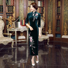 Load image into Gallery viewer, 3/4 Sleeve Floral Embroidery Full Length Velvet Cheongsam Mother Dress
