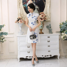 Load image into Gallery viewer, Cheongsam Top Knee Length Floral Satin Ao Dai Dress
