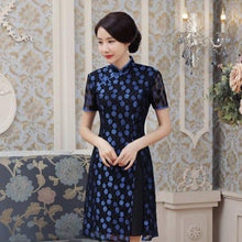 Load image into Gallery viewer, Cheongsam Top Knee Length Polka Dots Lace Ao Dai Dress
