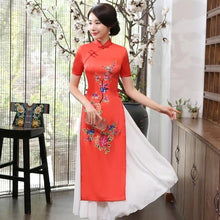 Load image into Gallery viewer, Cheongsam Top Full Length Floral Ao Dai Two-piece Dress
