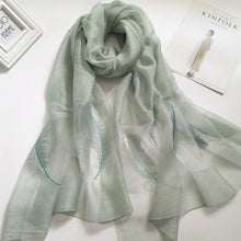 Load image into Gallery viewer, Feather Embroidery Real Silk Scarf Shawl
