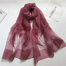 Load image into Gallery viewer, Feather Embroidery Real Silk Scarf Shawl
