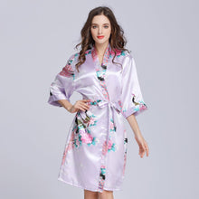 Load image into Gallery viewer, Half Sleeve Peacock Pattern Silk Kimono Yukata Sleepwear
