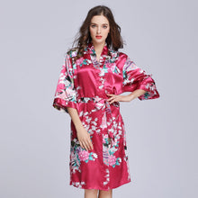 Load image into Gallery viewer, Half Sleeve Peacock Pattern Silk Kimono Yukata Sleepwear
