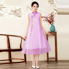 Load image into Gallery viewer, Floral Embroidery Sleeveless Tea Length Cheongsam Prom Dress
