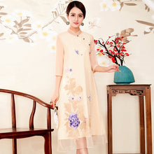 Load image into Gallery viewer, Floral Embroidery Half Sleeve Tea Length Cheongsam Prom Dress
