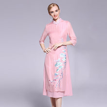 Muatkan imej ke dalam penonton Galeri, 3/4 Sleeve Floral Embroidery Signature Cotton Tea Length Ao Dai Dress
