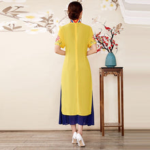 Load image into Gallery viewer, Short Sleeve Auspicious Embroidery Chiffon Tea Length Ao Dai Dress
