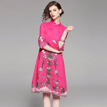 Load image into Gallery viewer, Knee Length Floral Embroidery Signature Cotton Traditional Cheongsam Dress
