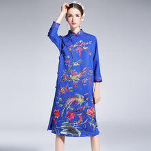 Load image into Gallery viewer, Knee Length Floral Embroidery Signature Cotton Retro Cheongsam Dress
