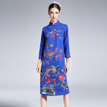 Load image into Gallery viewer, Knee Length Floral Embroidery Signature Cotton Retro Cheongsam Dress
