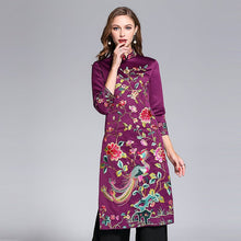 Load image into Gallery viewer, Half Sleeve Floral Embroidery Signature Cotton Full Length Ao Dai Cheongsam with Pants
