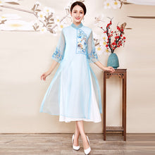 Load image into Gallery viewer, Mandarin Collar Floral Embroidery Chinese Han Costume Two-piece Chinese Dress
