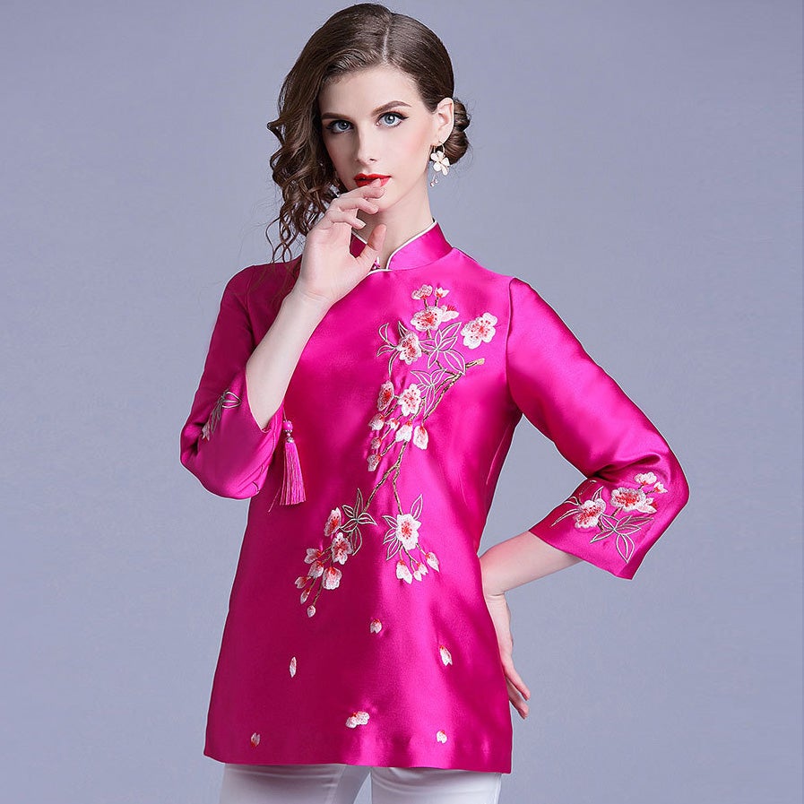 Floral Embroidery 3/4 Sleeve Cheongsam Top Chinese Jacket