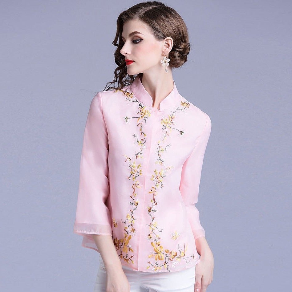 Floral Embroidery Organza Chinese Style Women's Jacket