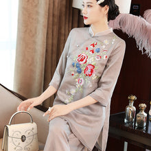 Load image into Gallery viewer, 3/4 Sleeve Floral Embroidery Cheongsam Top Women&#39;s Suit
