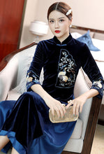 Load image into Gallery viewer, 3/4 Sleeve Crane &amp; Floral Embroidery Velvet A-line Aodai Chinese Dress
