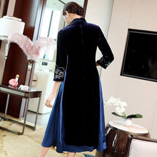 Load image into Gallery viewer, 3/4 Sleeve Crane &amp; Floral Embroidery Velvet A-line Aodai Chinese Dress
