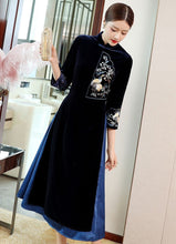 Load image into Gallery viewer, 3/4 Sleeve Crane &amp; Floral Embroidery Velvet A-line Aodai Chinese Dress
