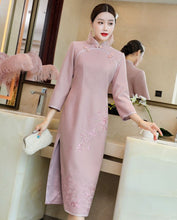 Load image into Gallery viewer, Floral Embroidery Woolen Modern Cheongsam Tea Length Qipao Dress
