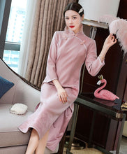 Load image into Gallery viewer, Floral Embroidery Woolen Modern Cheongsam Tea Length Qipao Dress
