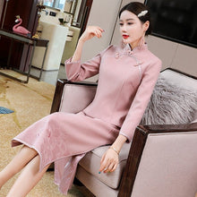 Load image into Gallery viewer, Floral Embroidery Woolen Modern Cheongsam Tea Length Qipao Dress
