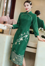 Load image into Gallery viewer, Floral Embroidery Woolen Modern Cheongsam Tea Length Qipao Dress
