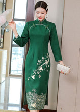 Load image into Gallery viewer, Floral Embroidery Woolen Modern Cheongsam Tea Length Qipao Dress
