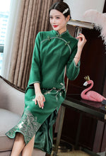 Load image into Gallery viewer, Floral Embroidery Woolen Modern Cheongsam Tea Length Qipao Dress
