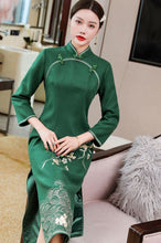 Load image into Gallery viewer, Floral Embroidery Woolen Modern Cheongsam Tea Length Qipao Dress
