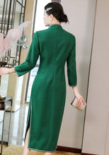 Load image into Gallery viewer, Floral Embroidery Woolen Modern Cheongsam Tea Length Qipao Dress
