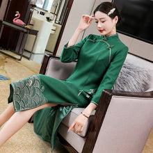 Load image into Gallery viewer, Floral Embroidery Woolen Modern Cheongsam Tea Length Qipao Dress
