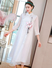 Load image into Gallery viewer, Lotus Embroidery 3/4 Sleeve Hanfu Causal Dress Traiditonal Chinese Costume
