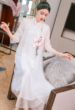 Load image into Gallery viewer, Lotus Embroidery 3/4 Sleeve Hanfu Causal Dress Traiditonal Chinese Costume
