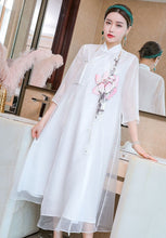 Load image into Gallery viewer, Lotus Embroidery 3/4 Sleeve Hanfu Causal Dress Traiditonal Chinese Costume
