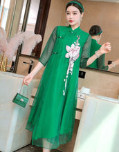 Load image into Gallery viewer, Lotus Embroidery 3/4 Sleeve Hanfu Causal Dress Traiditonal Chinese Costume
