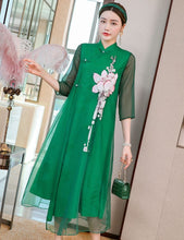 Load image into Gallery viewer, Lotus Embroidery 3/4 Sleeve Hanfu Causal Dress Traiditonal Chinese Costume
