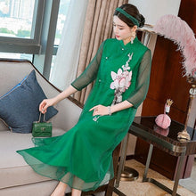 Load image into Gallery viewer, Lotus Embroidery 3/4 Sleeve Hanfu Causal Dress Traiditonal Chinese Costume
