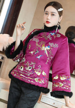 Load image into Gallery viewer, Fur Edge Floral Embroidery Brocade Chinese Style Wadded Coat
