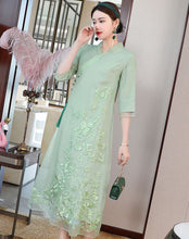 Load image into Gallery viewer, Floral Embroidery V Neck Hanfu Causal Dress Traiditonal Chinese Costume
