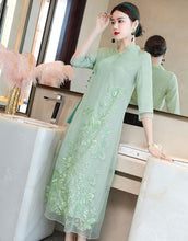 Load image into Gallery viewer, Floral Embroidery V Neck Hanfu Causal Dress Traiditonal Chinese Costume
