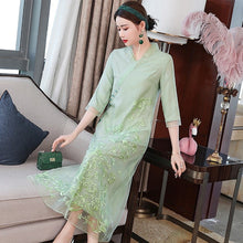 Load image into Gallery viewer, Floral Embroidery V Neck Hanfu Causal Dress Traiditonal Chinese Costume
