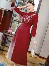 Load image into Gallery viewer, 3/4 Sleeve Crane &amp; Pine Embroidery Silk A-line Aodai Chinese Dress
