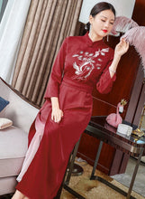 Load image into Gallery viewer, 3/4 Sleeve Crane &amp; Pine Embroidery Silk A-line Aodai Chinese Dress
