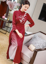 Load image into Gallery viewer, 3/4 Sleeve Crane &amp; Pine Embroidery Silk A-line Aodai Chinese Dress
