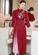 Load image into Gallery viewer, 3/4 Sleeve Crane &amp; Pine Embroidery Silk A-line Aodai Chinese Dress
