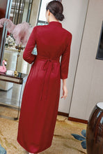 Load image into Gallery viewer, 3/4 Sleeve Crane &amp; Pine Embroidery Silk A-line Aodai Chinese Dress
